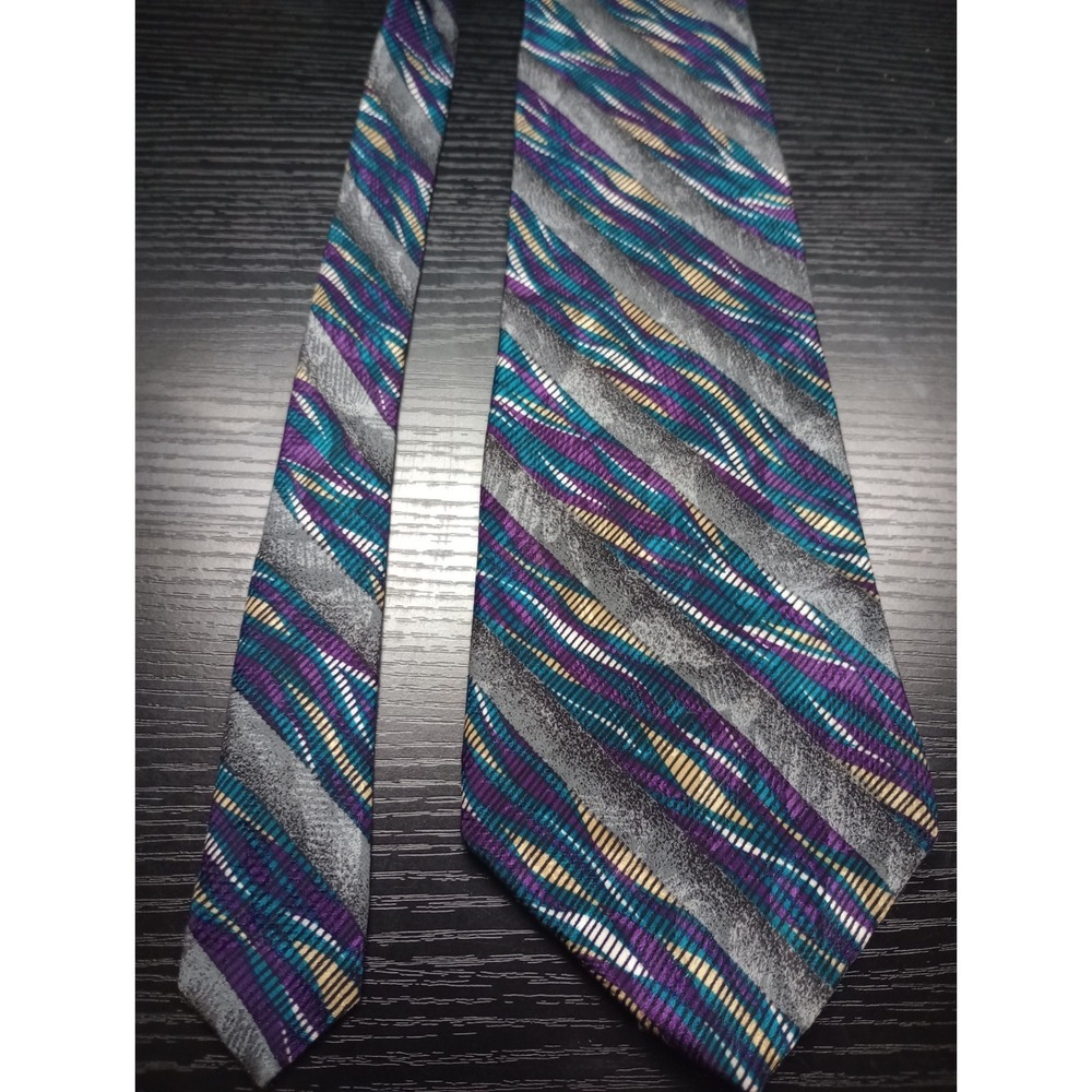 Chez Roffe‎ New York Silk Tie 4" Wide Gray Purple Teal Abstract Stripe USA Made